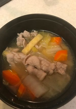A picture of Pork miso soup(Tonjiru).