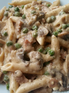 A picture of Vickys Creamy Mushroom Pasta, GF DF EF SF NF.