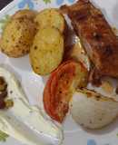 Churrasco de cerdo con miel y mostaza y verduras al horno