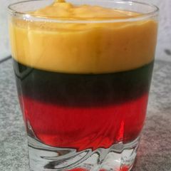 A picture of 3 colour jellies with custard.