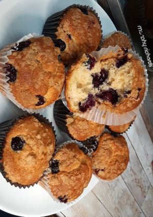 A picture of Moist and fluffy Blueberry muffins.