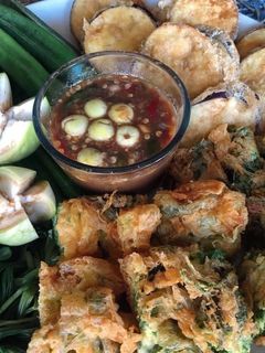 A picture of 🧑🏽🍳🧑🏼🍳 Shrimp Paste Chili Dip • Nam Prik Kapi •Climbing Wattle Omelette •fried Eggplant.