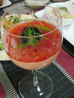A picture of Red Bell Pepper Mousse with Tomato Sauce.