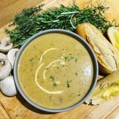 A picture of Cream of mushroom soup.