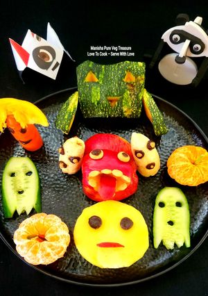 A picture of Halloween Ghost Monster In Spooky Characters In Salad Fruit Platter.