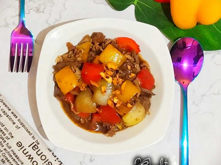 Cara Gampang Menyiapkan Resep 134. Beef Blackpepper (Sapi Lada Hitam) yang Bisa Manjain Lidah