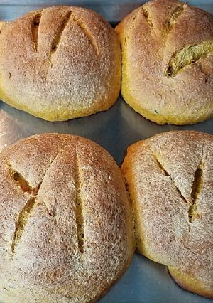 A picture of Kabocha Squash Kamut/Spelt sourdough bread.