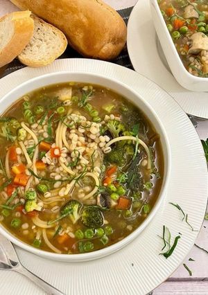 A picture of Hearty Barley Noodles Soup.