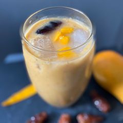 A picture of Dates and Mango Lassi#Ramadan.