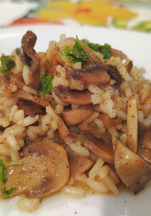 A picture of Risotto with Cremini Mushrooms and Soy Sauce.