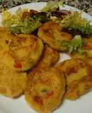 Mini hamburguesas de pechuga de pollo, patata y pimientos