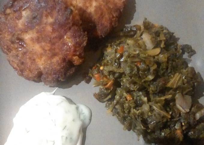 Fried Fresh Salmon w/kale & dandelion greens