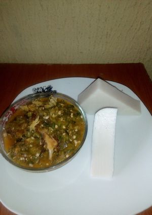 A picture of Dry fish Okro soup,with Agidu.