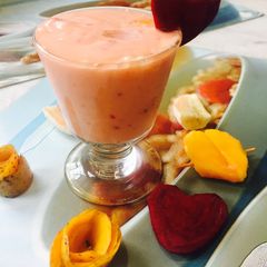 A picture of Mango, banana n beetroot smoothie.
