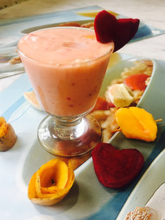 A picture of Mango, banana n beetroot smoothie.