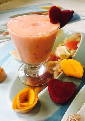 A picture of Mango, banana n beetroot smoothie.