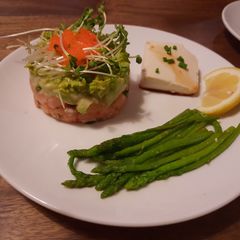 A picture of Japanese-inspired salmon stack.