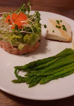 A picture of Japanese-inspired salmon stack.