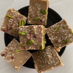 Sesame, almond and peanut butter squares A picture of Sesame, almond and peanut butter squares.