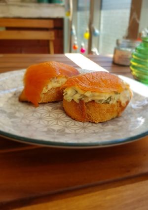 A picture of Smoked Salmon Pintxo with Pickle Mayonnaise.
