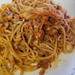 A picture of 20 mins: ground turkey marinara sauce pasta.