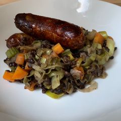 Sausage, vegetables and lentils A picture of Sausage, vegetables and lentils.