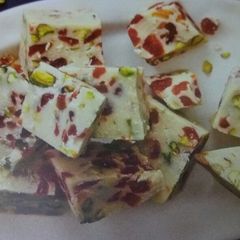 A picture of Party food White chocolate,pistachio and cranberry fudge.