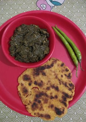 A picture of Sarso ka saag with makki ki roti.