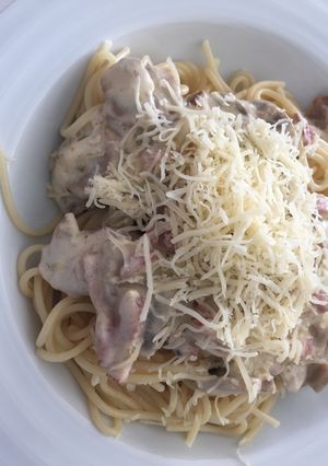 Una foto de Espaguetis con salsa de puerro y champiñón 