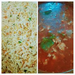 Chicken shashlik with fried rice A picture of Chicken shashlik with fried rice.