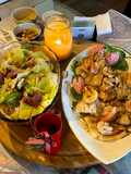 Stir-Fried Cabbage with Ham. Grilled Shrimp and Fish
