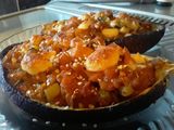 Berenjenas rellenas de zapallo, calabacín y queso... 🤔🤨🙄🍆🎃🥒🌶🧀🍆