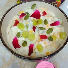 A picture of Fruit Cream (with fresh cream, grapes, banana, orange, apple) (no-cook).
