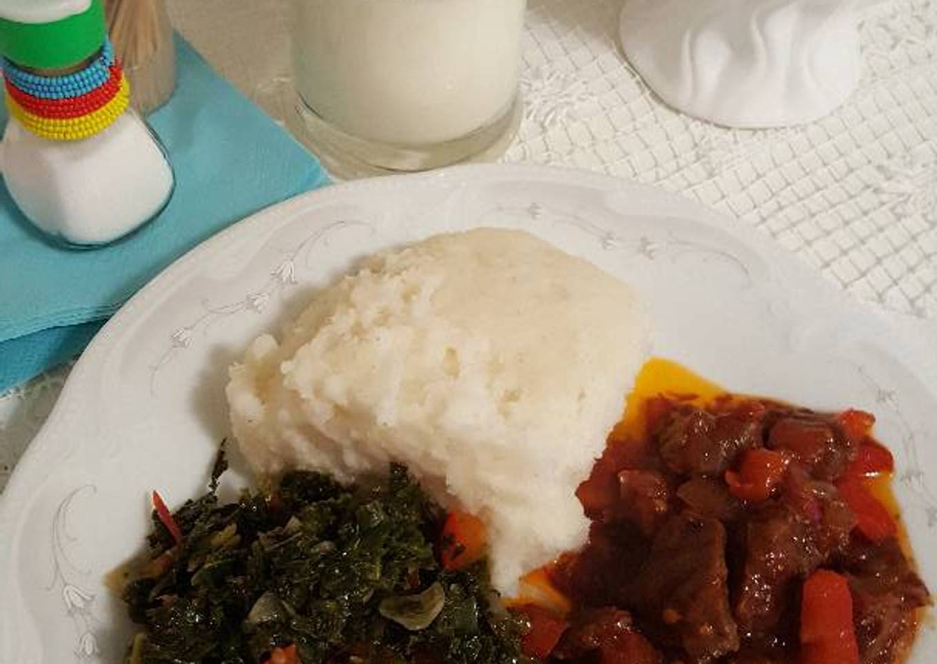 Ugali,greens and mbuzi fry