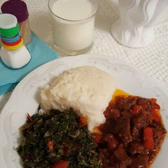 A picture of Ugali,greens and mbuzi fry.