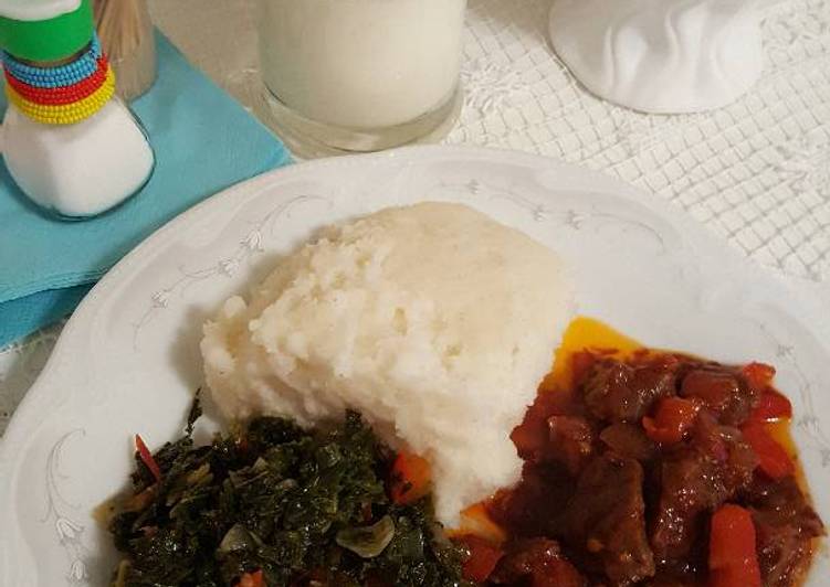 Ugali,greens and mbuzi fry