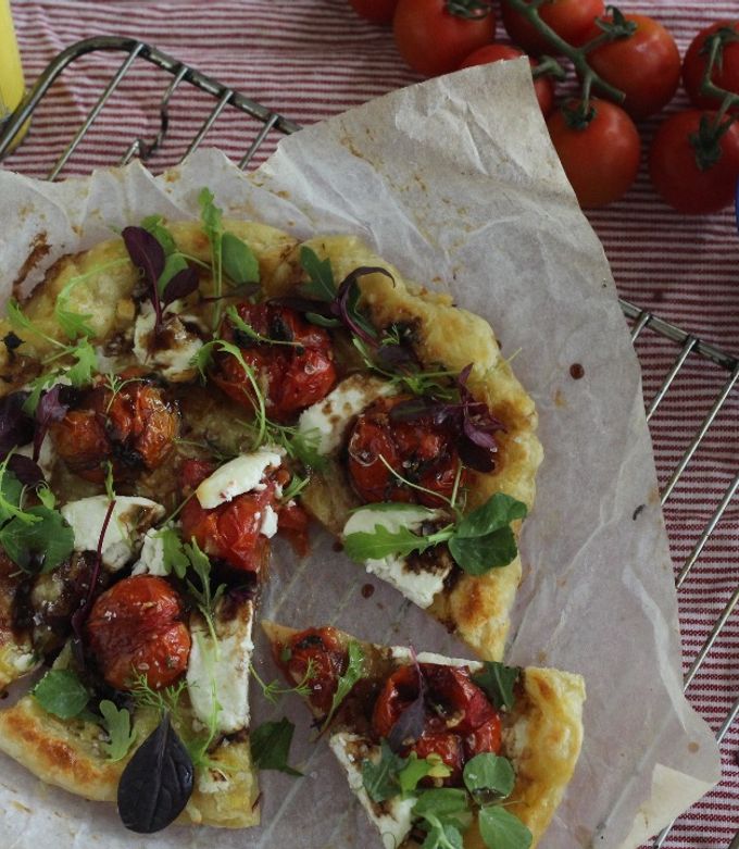 A picture of Balsamic roasted tomato and goat's cheese tart.