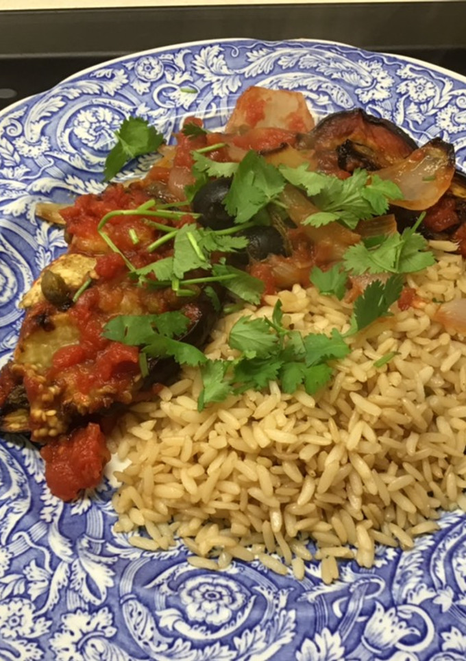 A picture of Roasted aubergines with olives and capers #mycookbook.