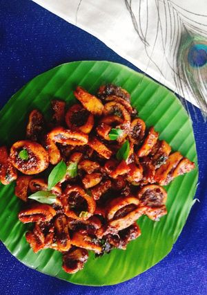 A picture of Naadan koonthal roast(Kerala spicy  squid fry).