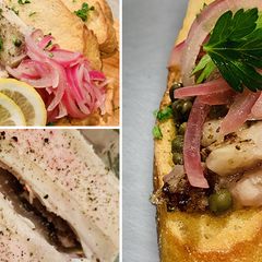 A picture of Wagyu Bone Marrow on Toast with Red Onion, Capers, and Lemon.