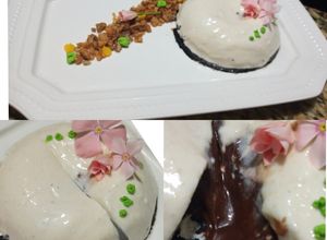 Una foto de Mousse de elote asado con centro de chocolate líquido!🌽🍮✨