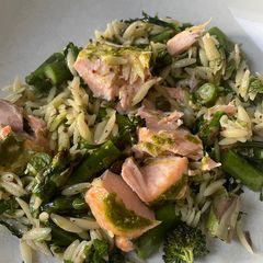 A picture of Salmon and spring greens.