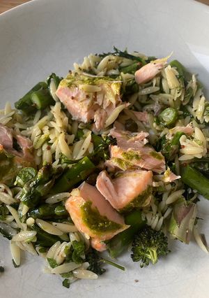 A picture of Salmon and spring greens.