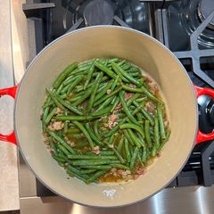 A picture of Fresh Green Beans with Bacon and Onion.