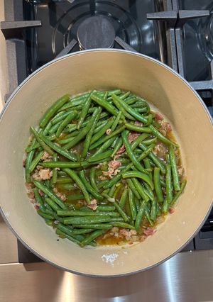 A picture of Fresh Green Beans with Bacon and Onion.