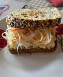 Toast with eggs and pickled veggie mix (čalamáda)