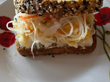 Toast with eggs and pickled veggie mix (čalamáda)