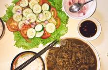 Bò sốt takoyaki + rau trộn dấm