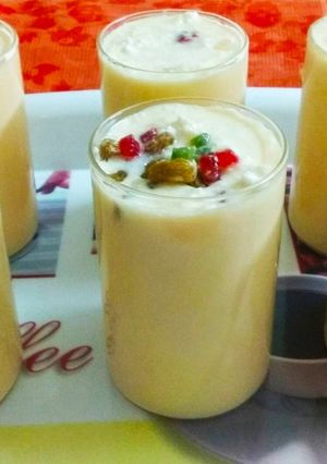 A picture of Sabudana Paneer and Dry fruits Lassi.