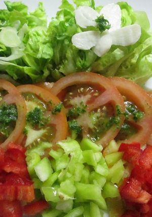 Una foto de Ensalada de tomate, lechuga y pimientos con salsa verde